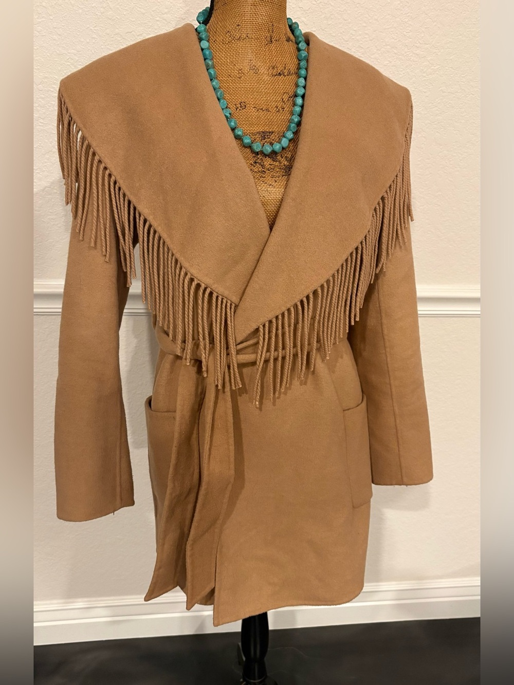 Soft Surroundings Wool Camel Shawl Fringe Collar Western Blanket Coat Large